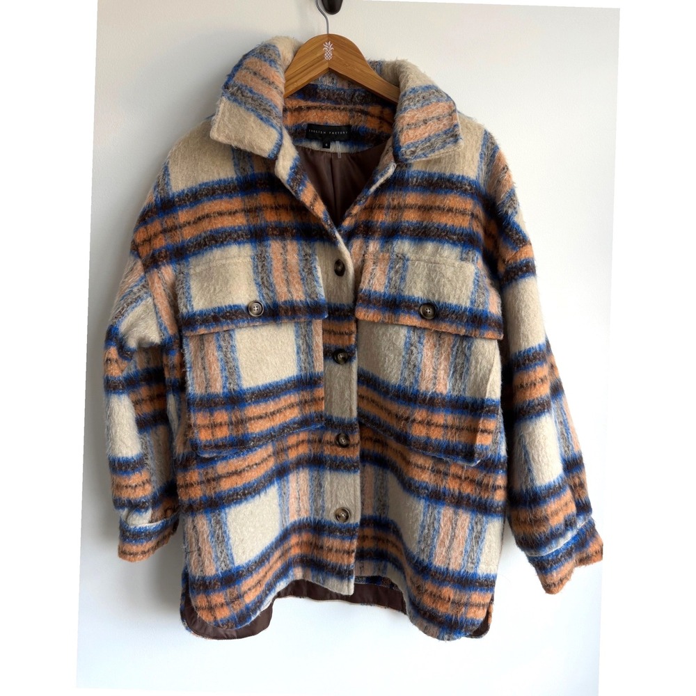 English Factory Womens Wool Blend Plaid Shacket S Blue Orange Oversized Boho